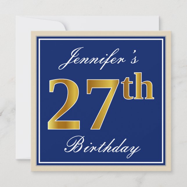 Elegant, Blue, Faux Gold 27th Birthday + Name Invitation (Front)