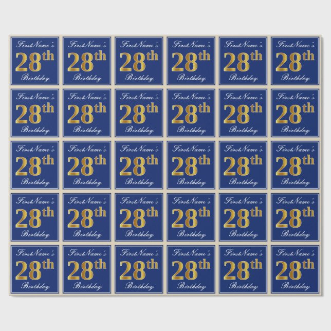 Elegant, Blue, Faux Gold 28th Birthday + Name Wrapping Paper (Flat)