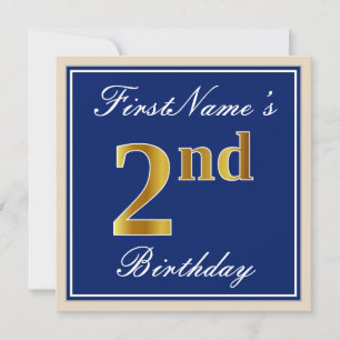 Elegant, Blue, Faux Gold 2nd Birthday; Custom Name Invitation