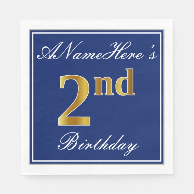 Elegant Blue, Faux Gold 2nd Birthday + Custom Name Napkin (Front)
