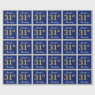 Elegant, Blue, Faux Gold 31st Birthday + Name Wrapping Paper