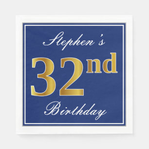 Elegant Blue, Faux Gold 32nd Birthday; Custom Name Napkin