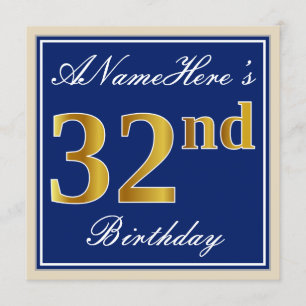Elegant, Blue, Faux Gold 32nd Birthday + Name Invitation