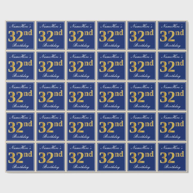 Elegant, Blue, Faux Gold 32nd Birthday + Name Wrapping Paper (Flat)