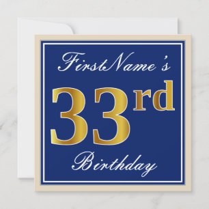 Elegant, Blue, Faux Gold 33rd Birthday + Name Invitation