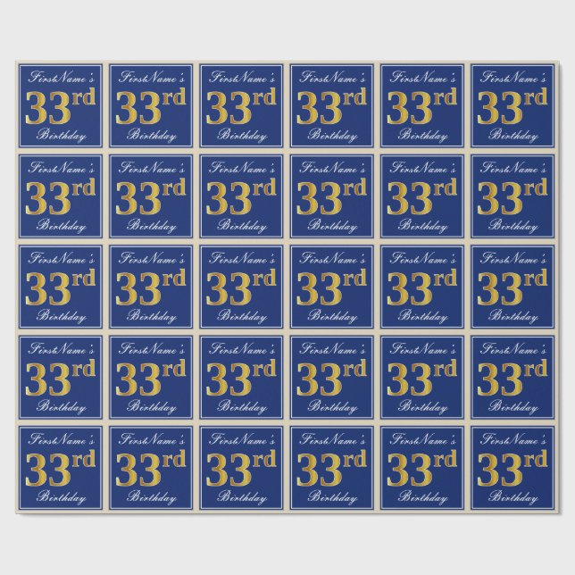 Elegant, Blue, Faux Gold 33rd Birthday + Name Wrapping Paper (Flat)
