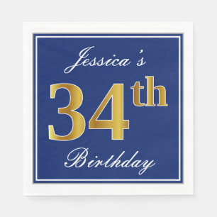 Elegant Blue, Faux Gold 34th Birthday; Custom Name Napkin