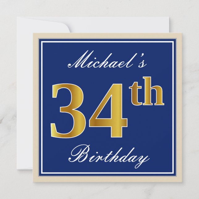 Elegant, Blue, Faux Gold 34th Birthday + Name Invitation (Front)