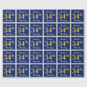 Elegant, Blue, Faux Gold 34th Birthday + Name Wrapping Paper
