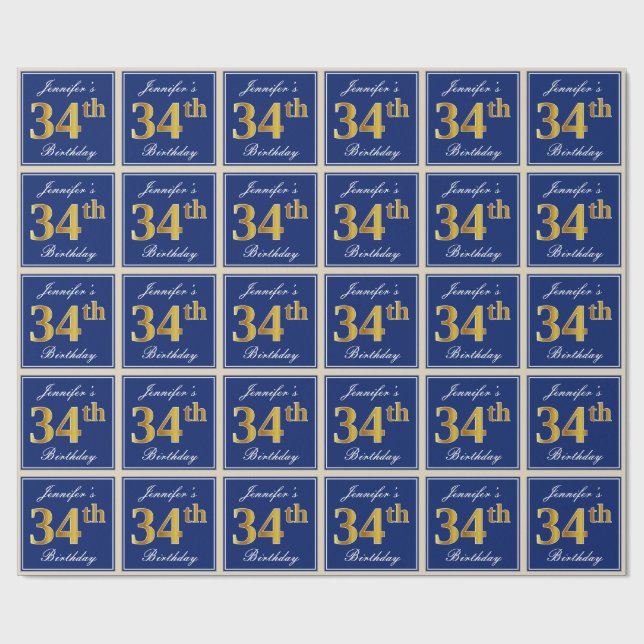 Elegant, Blue, Faux Gold 34th Birthday + Name Wrapping Paper (Flat)