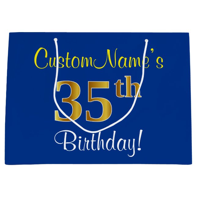 Elegant, Blue, Faux Gold 35th Birthday + Name Large Gift Bag (Front)