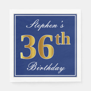 Elegant Blue, Faux Gold 36th Birthday; Custom Name Napkin