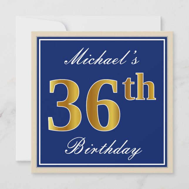 Elegant, Blue, Faux Gold 36th Birthday + Name Invitation (Front)
