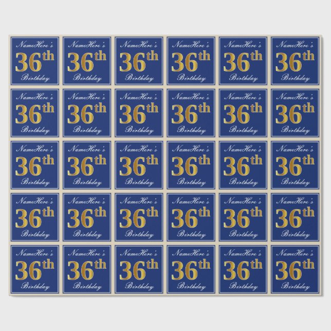 Elegant, Blue, Faux Gold 36th Birthday + Name Wrapping Paper (Flat)