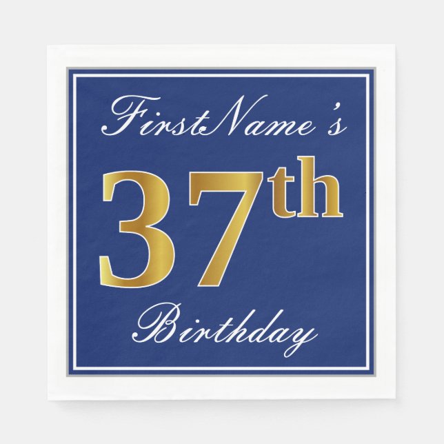 Elegant Blue, Faux Gold 37th Birthday; Custom Name Napkin (Front)