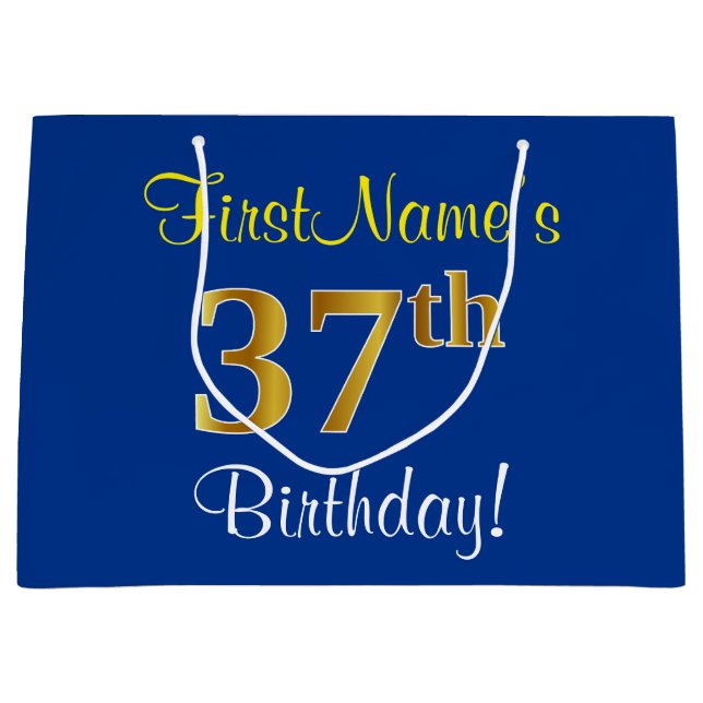 Elegant, Blue, Faux Gold 37th Birthday + Name Large Gift Bag (Front)