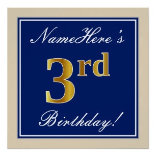 Elegant, Blue, Faux Gold 3rd Birthday; Custom Name Poster
