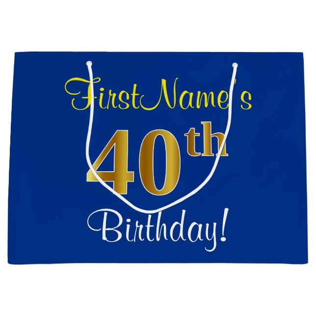 Elegant, Blue, Faux Gold 40th Birthday + Name Large Gift Bag (Front)