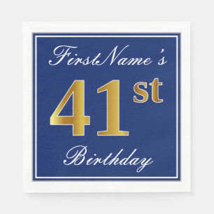 Elegant Blue, Faux Gold 41st Birthday; Custom Name Napkin