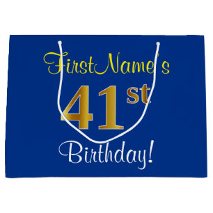 Elegant, Blue, Faux Gold 41st Birthday + Name Large Gift Bag