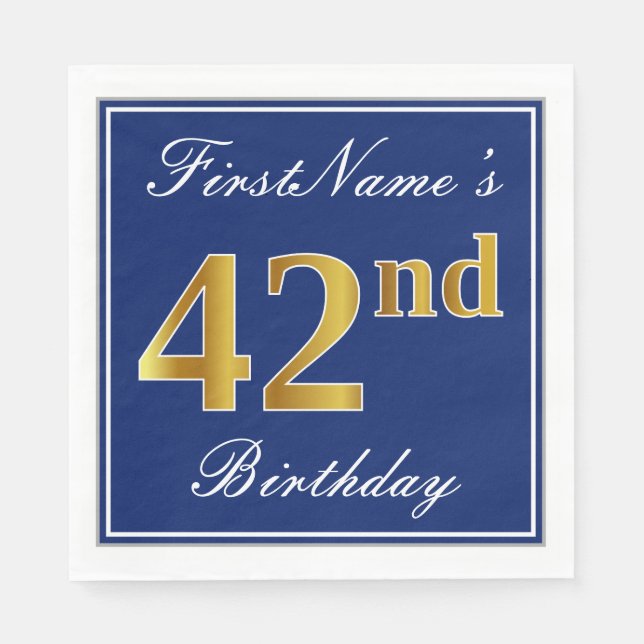 Elegant Blue, Faux Gold 42nd Birthday; Custom Name Napkin (Front)