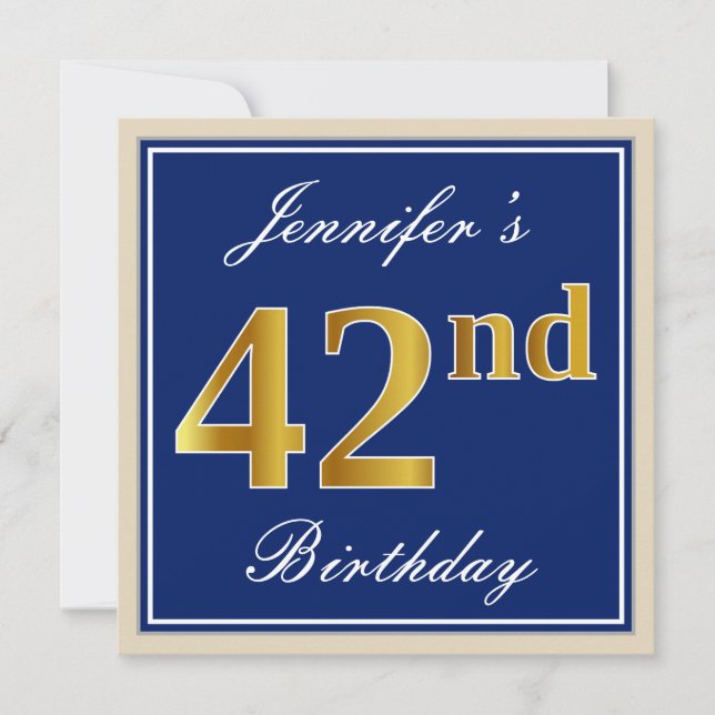 Elegant, Blue, Faux Gold 42nd Birthday + Name Invitation (Front)
