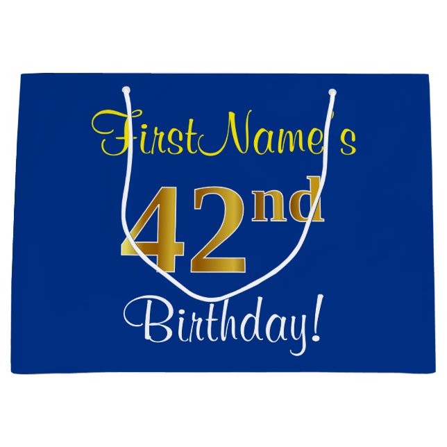 Elegant, Blue, Faux Gold 42nd Birthday + Name Large Gift Bag (Front)