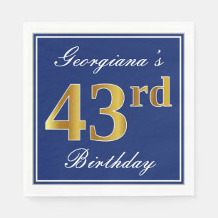 Elegant Blue, Faux Gold 43rd Birthday; Custom Name Napkin