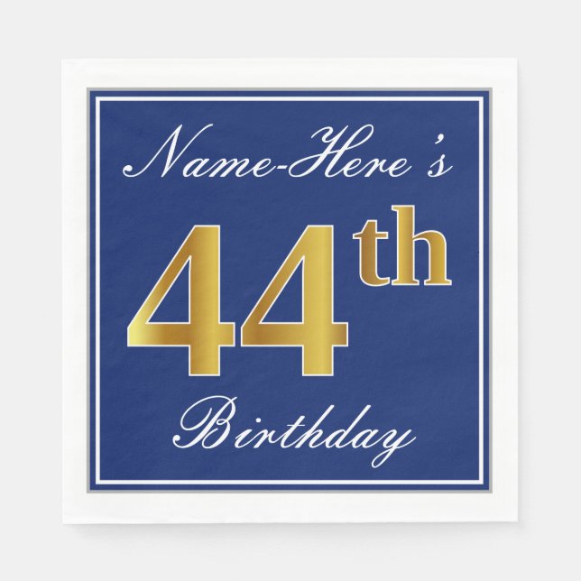 Elegant Blue, Faux Gold 44th Birthday; Custom Name Napkin (Front)