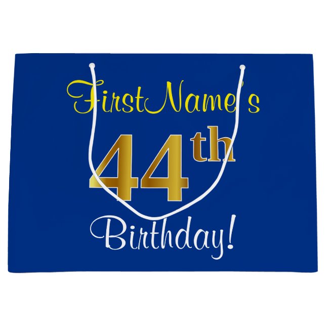 Elegant, Blue, Faux Gold 44th Birthday + Name Large Gift Bag (Front)