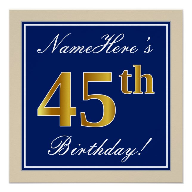 Elegant, Blue, Faux Gold 45th Birthday + Name Poster (Front)