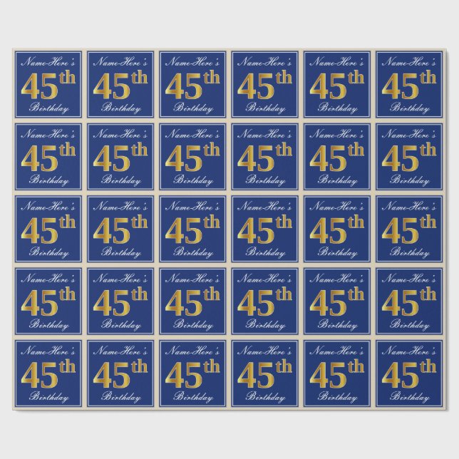 Elegant, Blue, Faux Gold 45th Birthday + Name Wrapping Paper (Flat)
