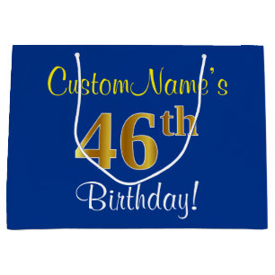 Elegant, Blue, Faux Gold 46th Birthday + Name Large Gift Bag