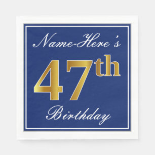Elegant Blue, Faux Gold 47th Birthday; Custom Name Napkin