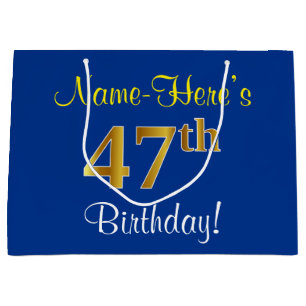 Elegant, Blue, Faux Gold 47th Birthday + Name Large Gift Bag
