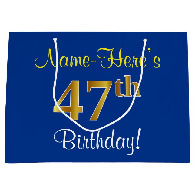 Elegant, Blue, Faux Gold 47th Birthday + Name Large Gift Bag (Front)