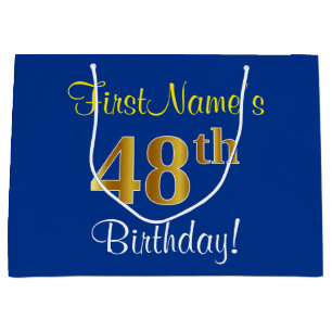 Elegant, Blue, Faux Gold 48th Birthday + Name Large Gift Bag