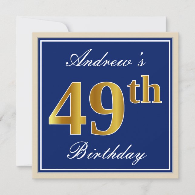 Elegant, Blue, Faux Gold 49th Birthday + Name Invitation (Front)