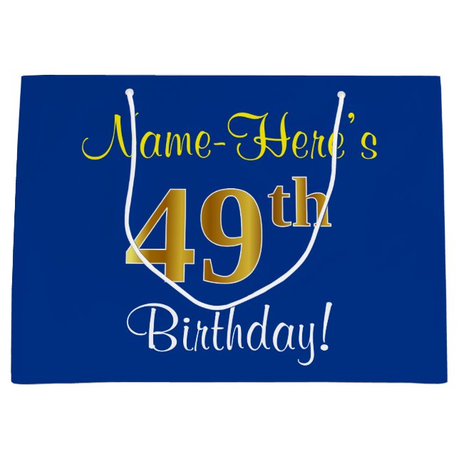 Elegant, Blue, Faux Gold 49th Birthday + Name Large Gift Bag (Front)