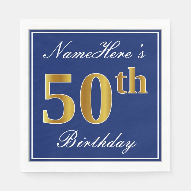 Elegant Blue, Faux Gold 50th Birthday; Custom Name Napkin (Front)