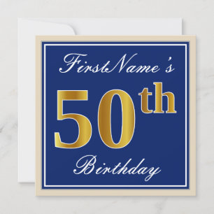 Elegant, Blue, Faux Gold 50th Birthday + Name Invitation