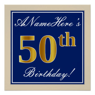Elegant, Blue, Faux Gold 50th Birthday + Name Poster