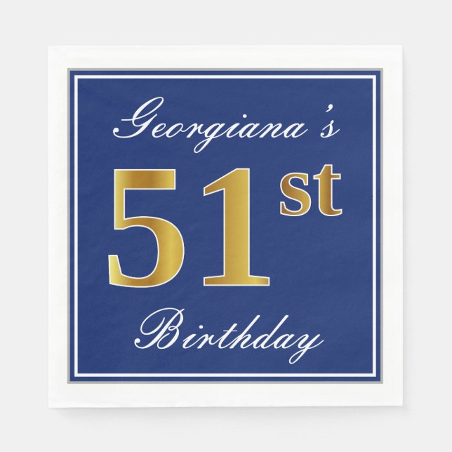 Elegant Blue, Faux Gold 51st Birthday; Custom Name Napkin (Front)