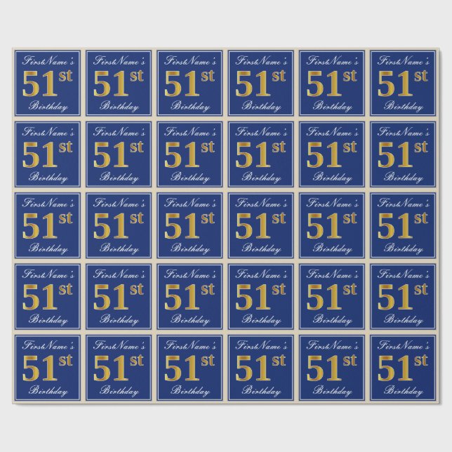 Elegant, Blue, Faux Gold 51st Birthday + Name Wrapping Paper (Flat)