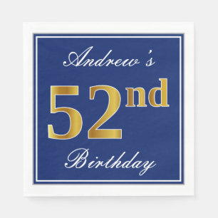 Elegant Blue, Faux Gold 52nd Birthday; Custom Name Napkin