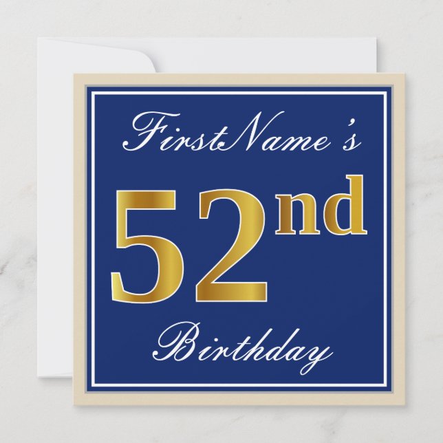 Elegant, Blue, Faux Gold 52nd Birthday + Name Invitation (Front)