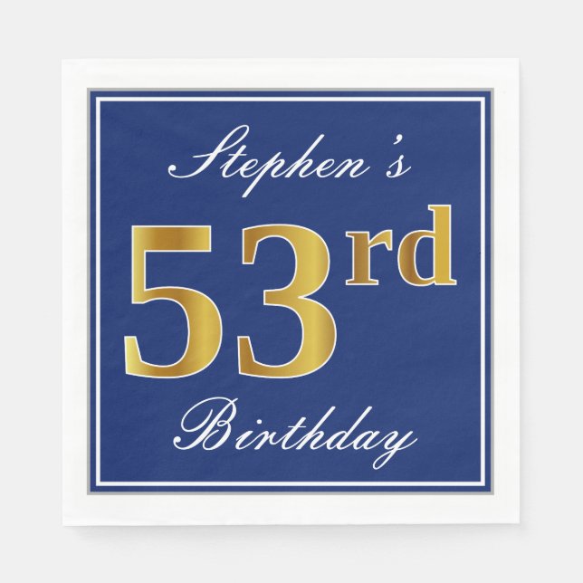 Elegant Blue, Faux Gold 53rd Birthday; Custom Name Napkin (Front)