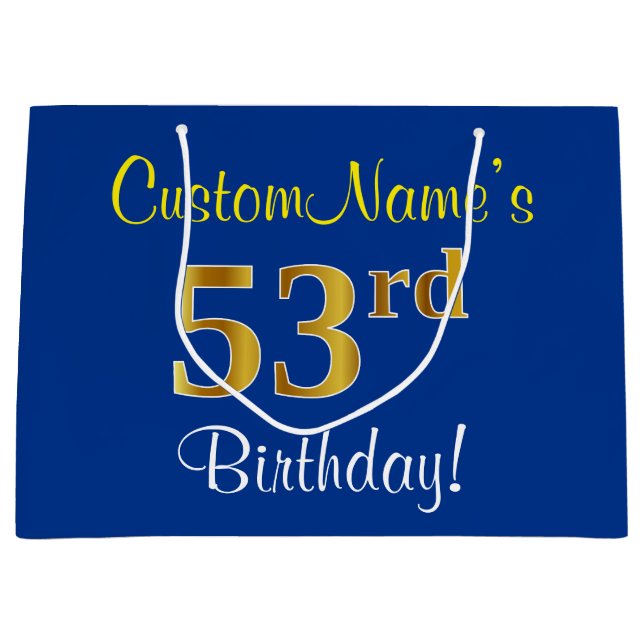 Elegant, Blue, Faux Gold 53rd Birthday + Name Large Gift Bag (Front)