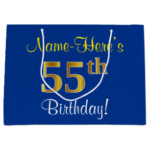 Elegant, Blue, Faux Gold 55th Birthday + Name Large Gift Bag