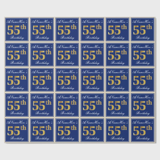Elegant, Blue, Faux Gold 55th Birthday + Name Wrapping Paper (Flat)